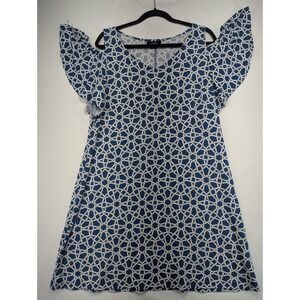 MSK Cold Shoulder Ruffle Sleeve Geometric Print Dress Blue White‎ Size Large